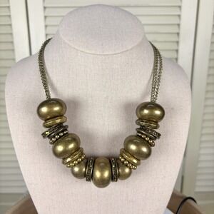 Boho Vintage Bronze Beaded Rhinestone Baubles Necklace Tribal Chunky Heavy Bib